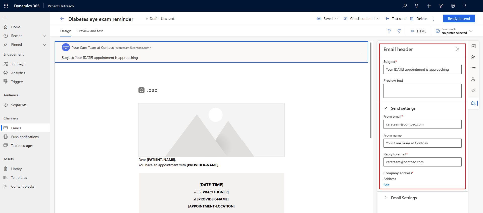 Uma captura de tela mostrando a página de configuração do email de lembrete do exame ocular para diabetes.