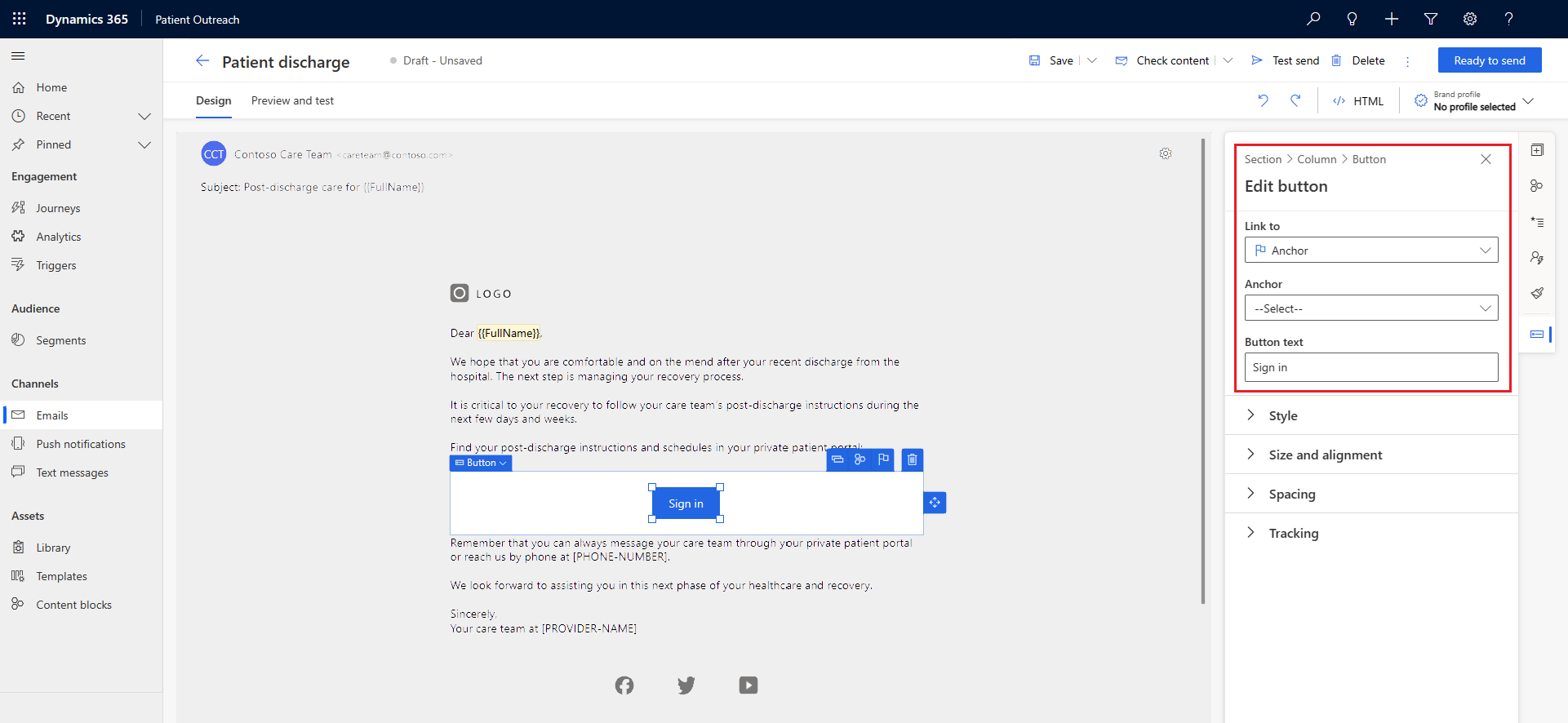 Uma captura de tela mostrando a página de configuração do email de alta do paciente.