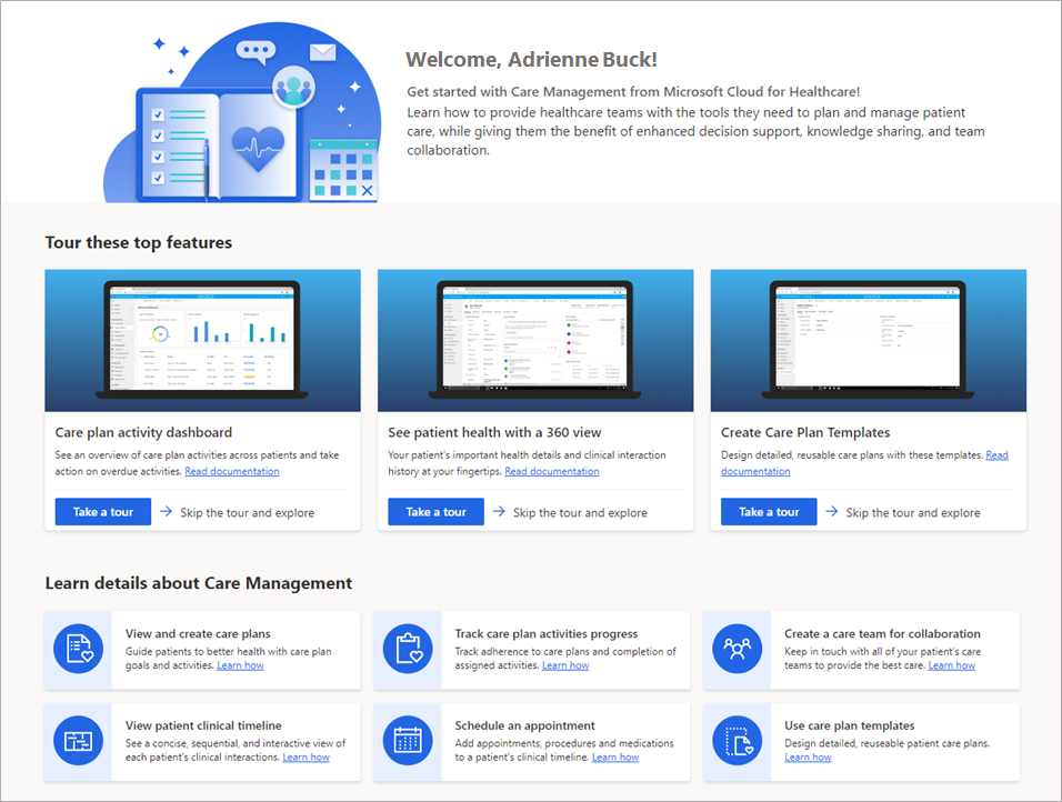 Captura de tela exibindo a experiência de introdução para o gerenciamento de cuidados.