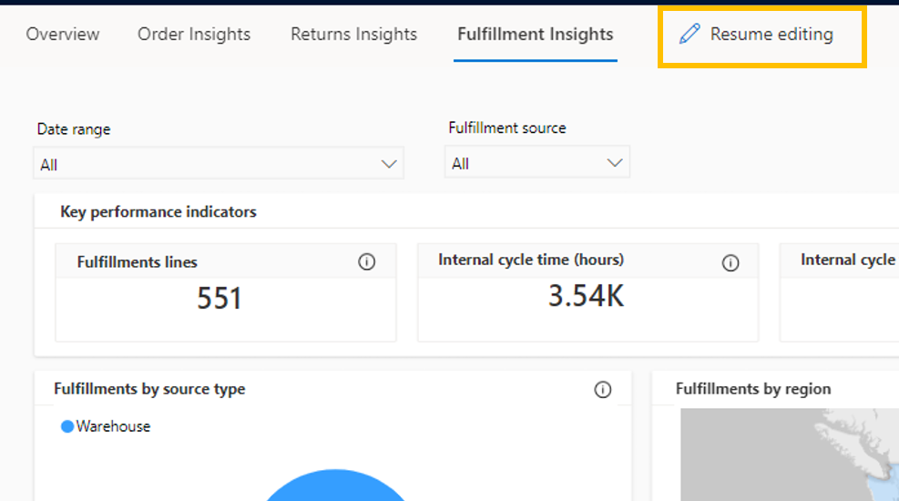 Botão Retomar edição em uma página do Insights.