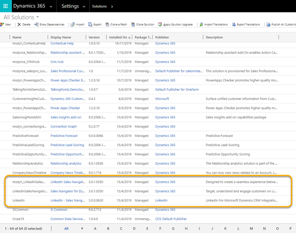 Captura de tela das soluções relacionadas ao LinkedIn Sales Navigator instaladas.