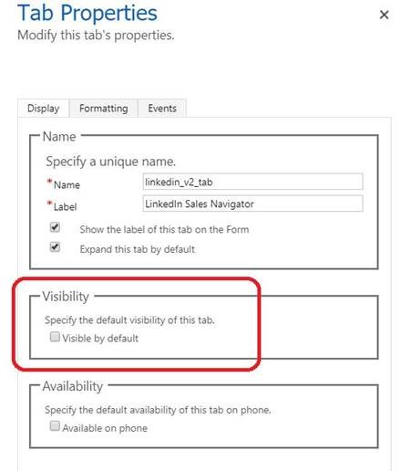 Configurações de visibilidade nas propriedades da guia.