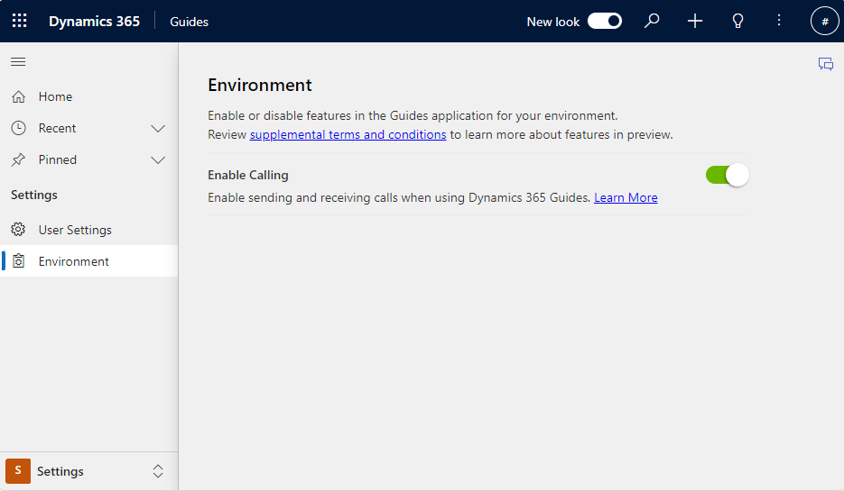 Captura de tela que mostra habilitar e desabilitar a alternância de chamada no aplicativo baseado em modelo Guides.