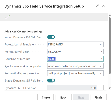 Mostra a página Guia de configuração da Integração do Dynamics 365 Field Service.