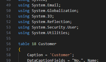 Exemplo de inclusão de objetos em outros namespaces por meio de Usando para acesso em código, aqui em uma tabela Customer