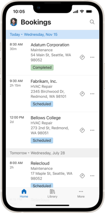 Captura de tela da nova exibição da agenda no aplicativo móvel do Field Service.