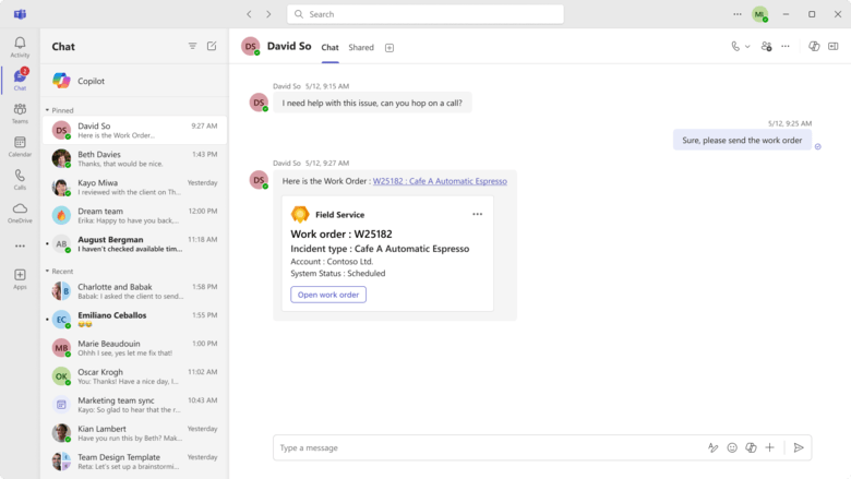Chat do Teams com visualização do link da ordem de serviço do Field Service