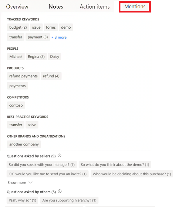 Captura de tela da guia Menções da página de resumo da chamada.