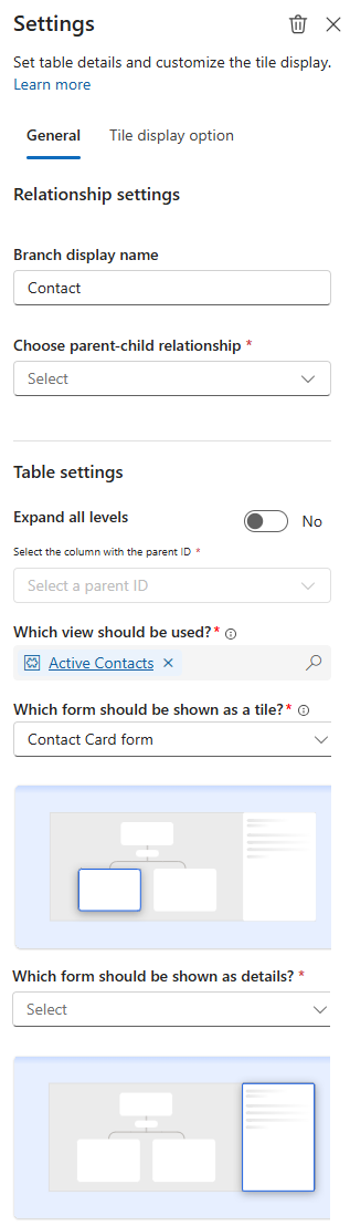 Captura de tela da guia geral no painel de configurações da tabela de contatos na página do designer de hierarquia.