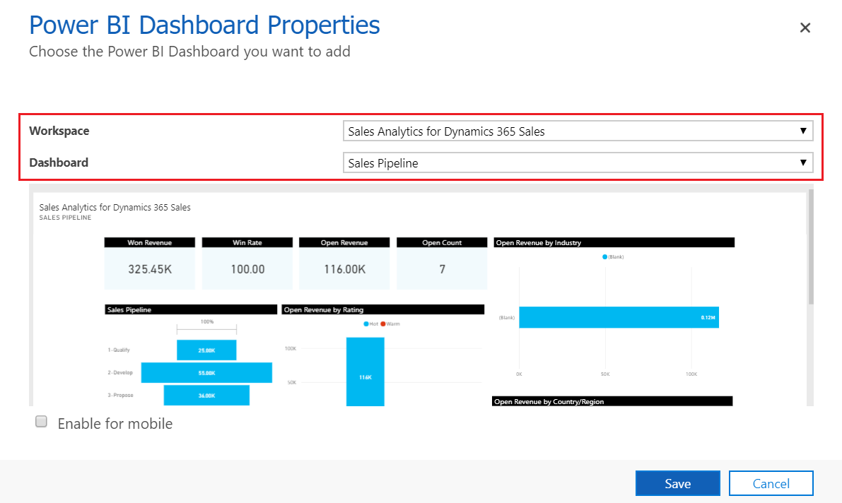 Propriedades do Painel do Power BI Propriedades do painel do Power BI.