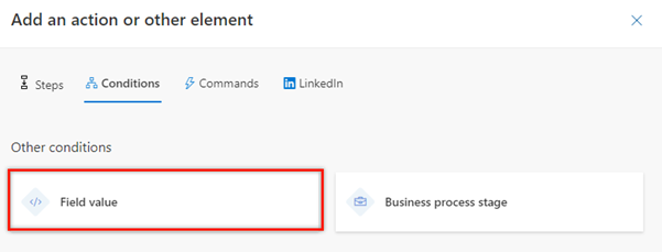 Captura de tela da guia Condições na etapa de seleção da atividade para valores de campo.