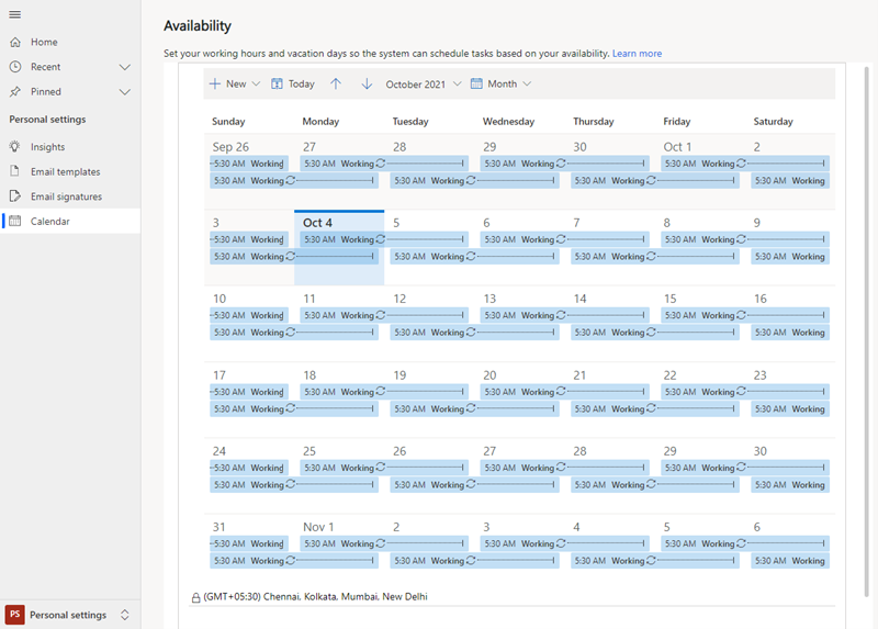 Página do calendário de disponibilidade de trabalho.