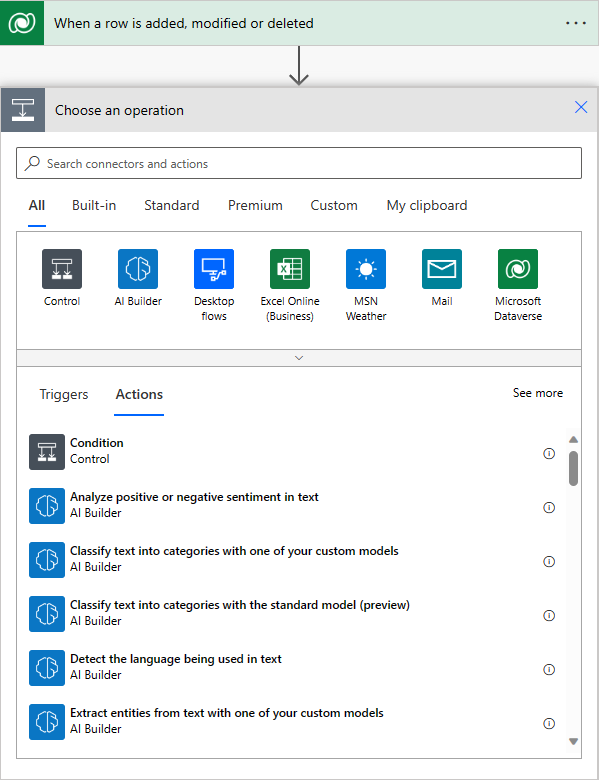 Pesquisar e adicionar a ação Executar uma ação não associada Pesquisar e adicionar a ação Executar uma ação não associada