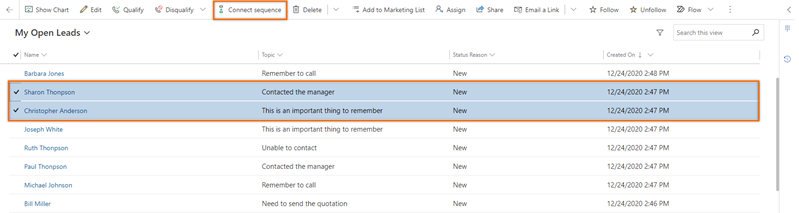 Selecione clientes potenciais às quais a sequência será conectada Selecione clientes potenciais às quais a sequência será conectada