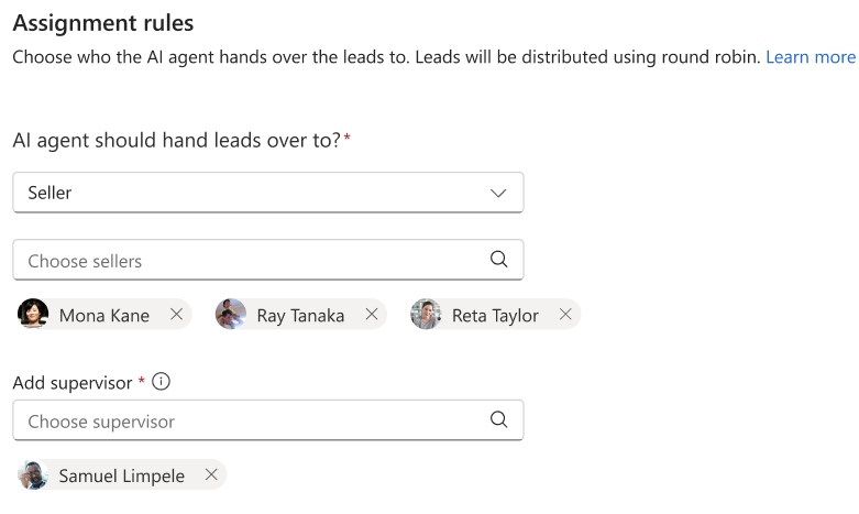Captura de tela da página de configurações do Agente de Qualificação de Vendas com as regras de atribuição realçadas.