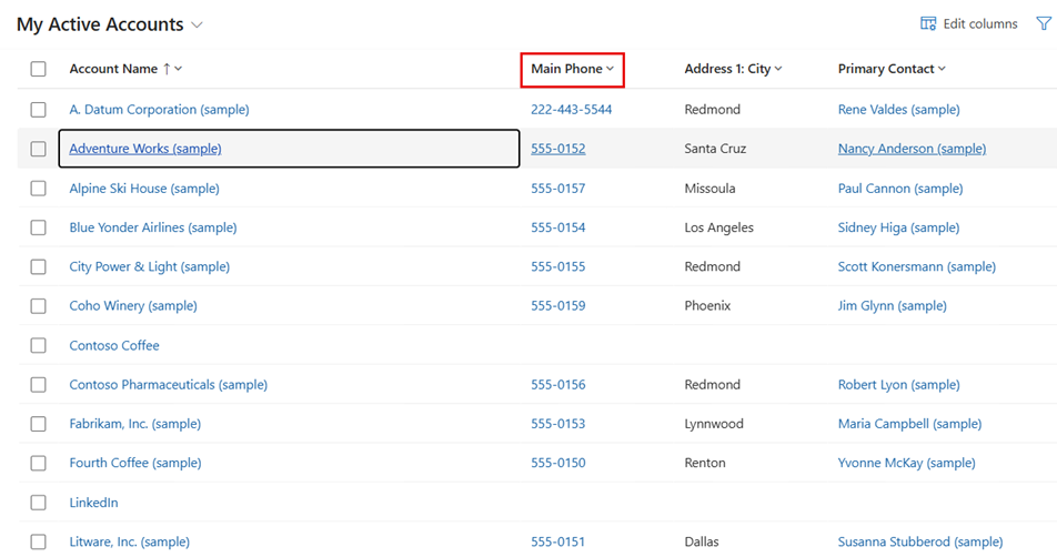Captura de tela da página Todas as Contas com a coluna telefone realçada.