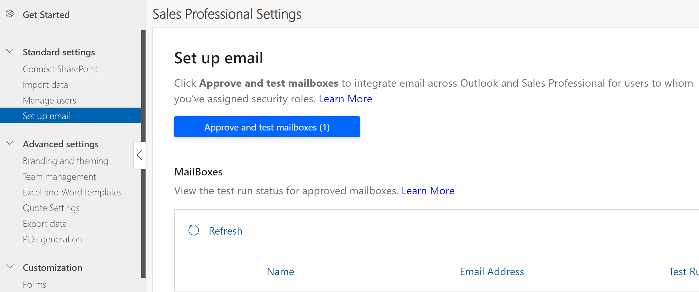 Captura de tela do botão para aprovar e testar caixas de correio.