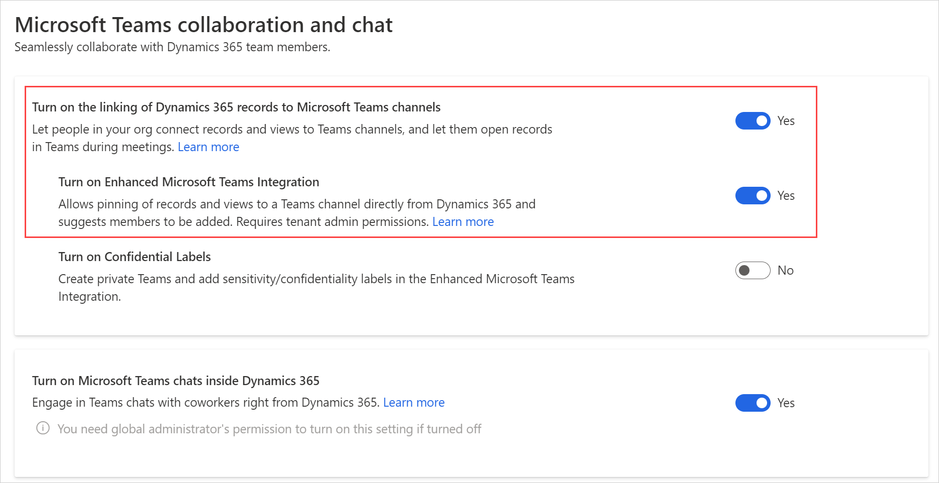 Captura de tela mostrando as configurações de colaboração e chat do Microsoft Teams.