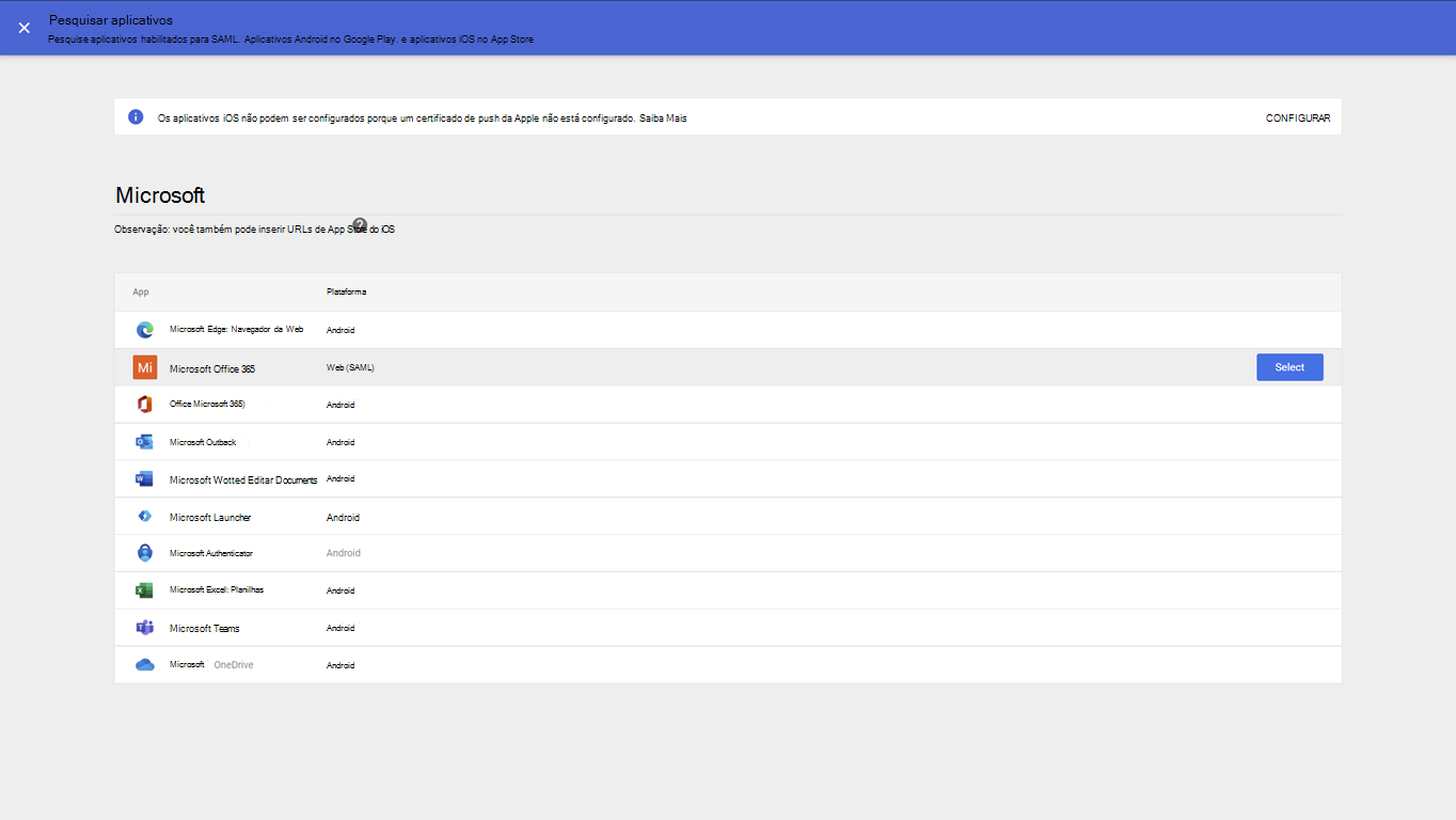 Captura de tela mostrando o Google Workspace e o botão de pesquisa para Microsoft Office 365 aplicativo SAML.