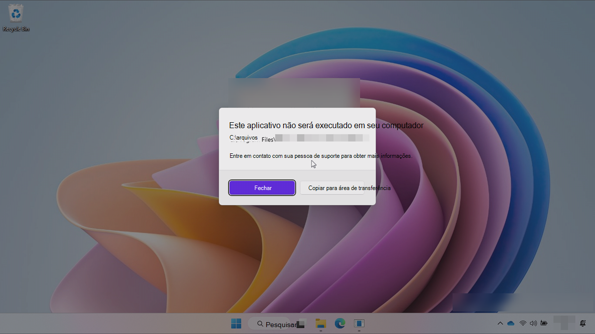 Captura de tela do Windows SE – janela de erro ao abrir um aplicativo.