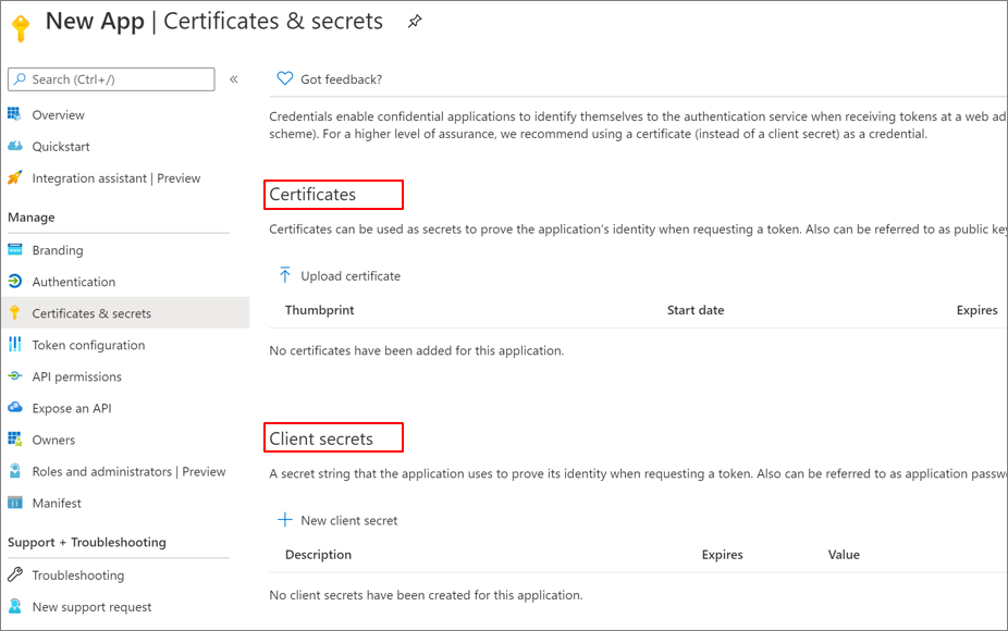 Captura de tela de Certificados e segredos do Cliente em Novo Aplicativo, Certificados e segredos.