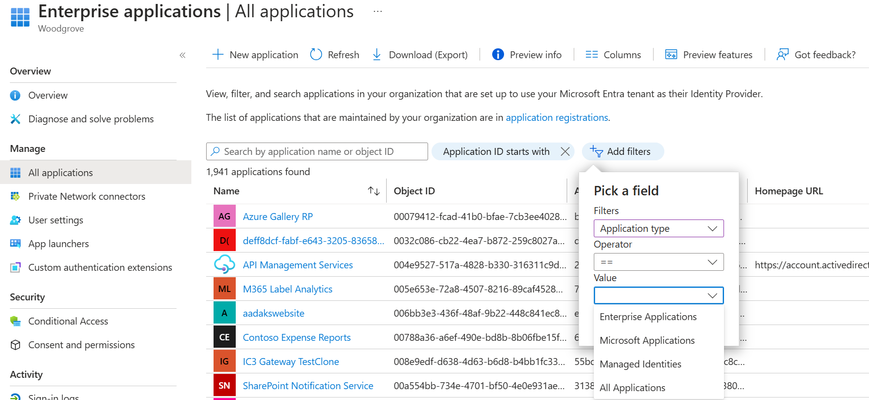 Captura de tela da opção Identidades Gerenciadas em Valores, na coluna Tipo de aplicativo.