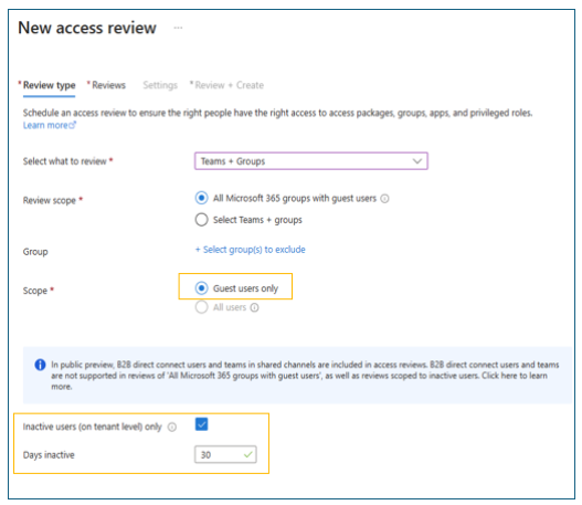 Captura de tela da caixa de diálogo Nova revisão de acesso com opções de usuário convidado realçadas.
