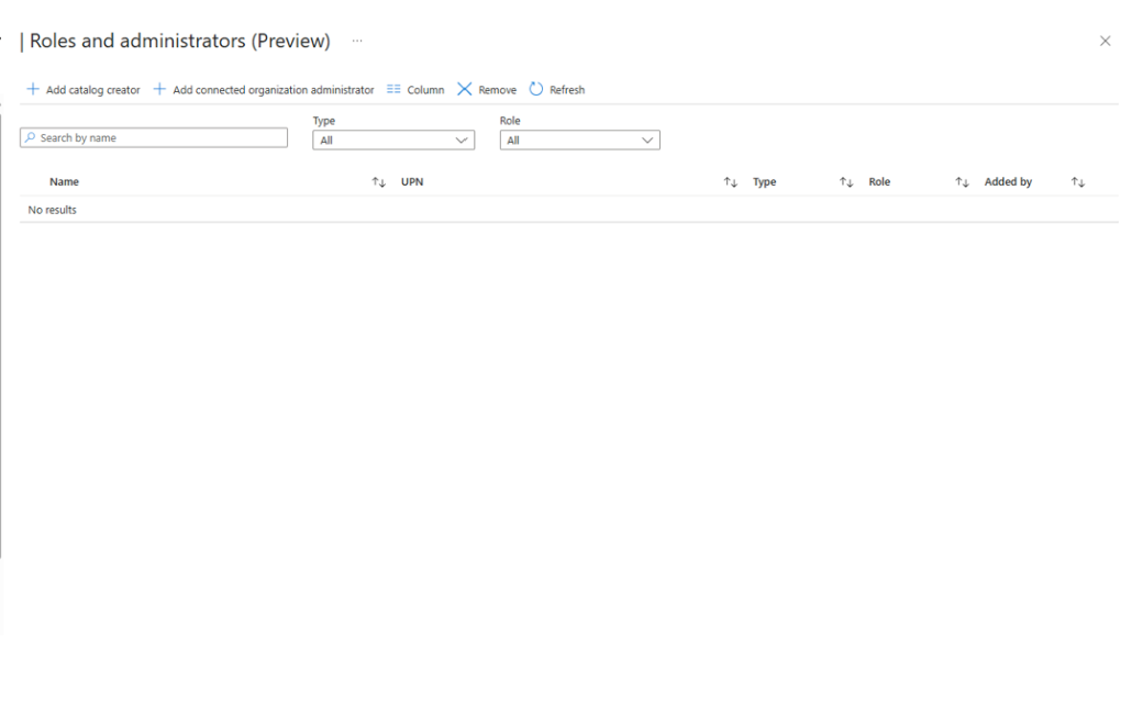 Captura de tela das opções e entradas em Funções e administradores.