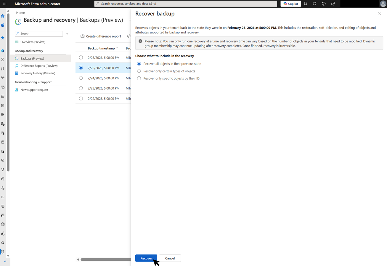 Captura de tela da caixa de diálogo Recuperar backup com a opção Recuperar todos os objetos na opção de estado anterior selecionada e o cursor no botão Recuperar.