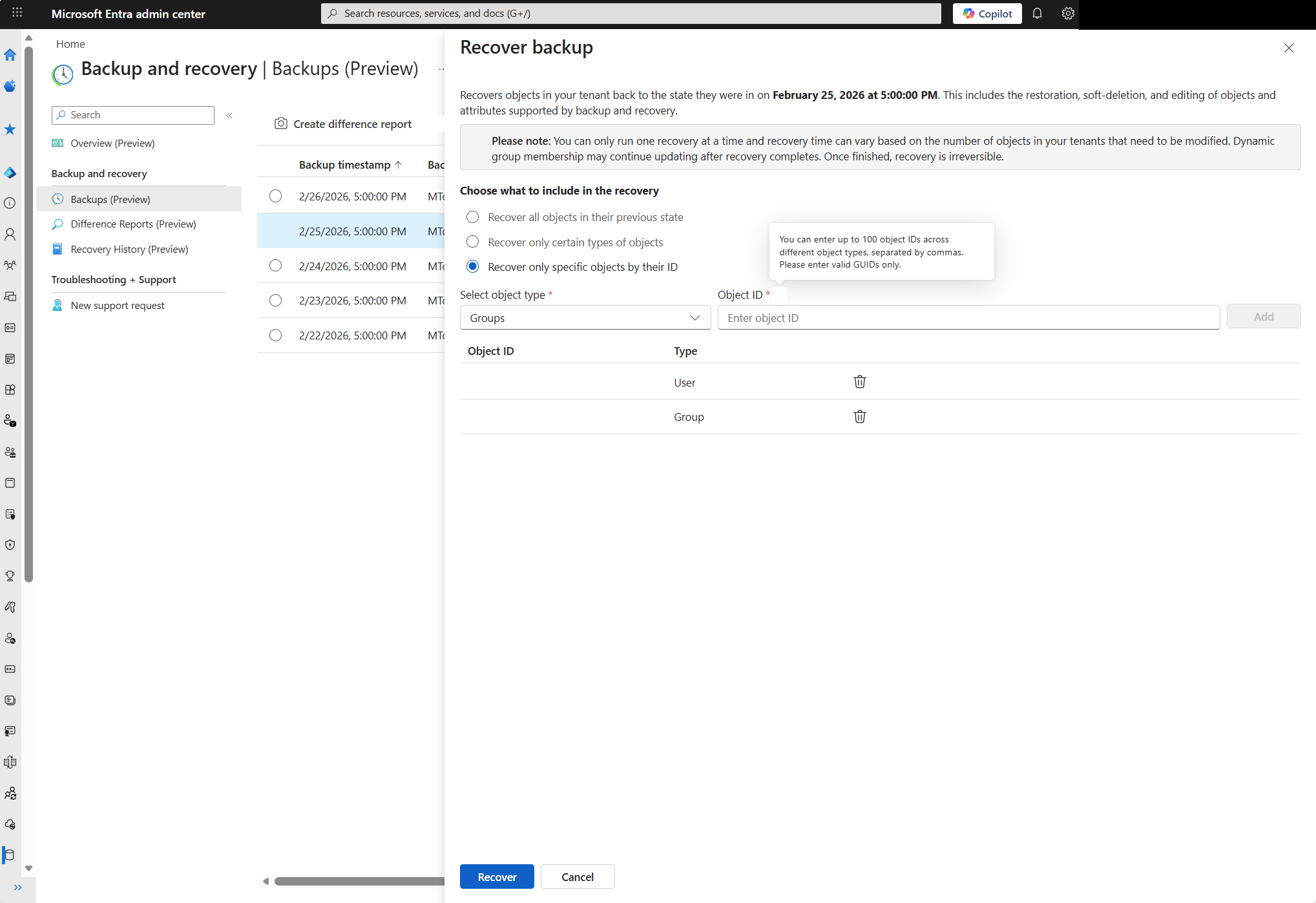 Captura de tela da caixa de diálogo Recuperar backup com Recuperar somente objetos específicos por ID selecionado e entradas de ID de objeto mostradas.