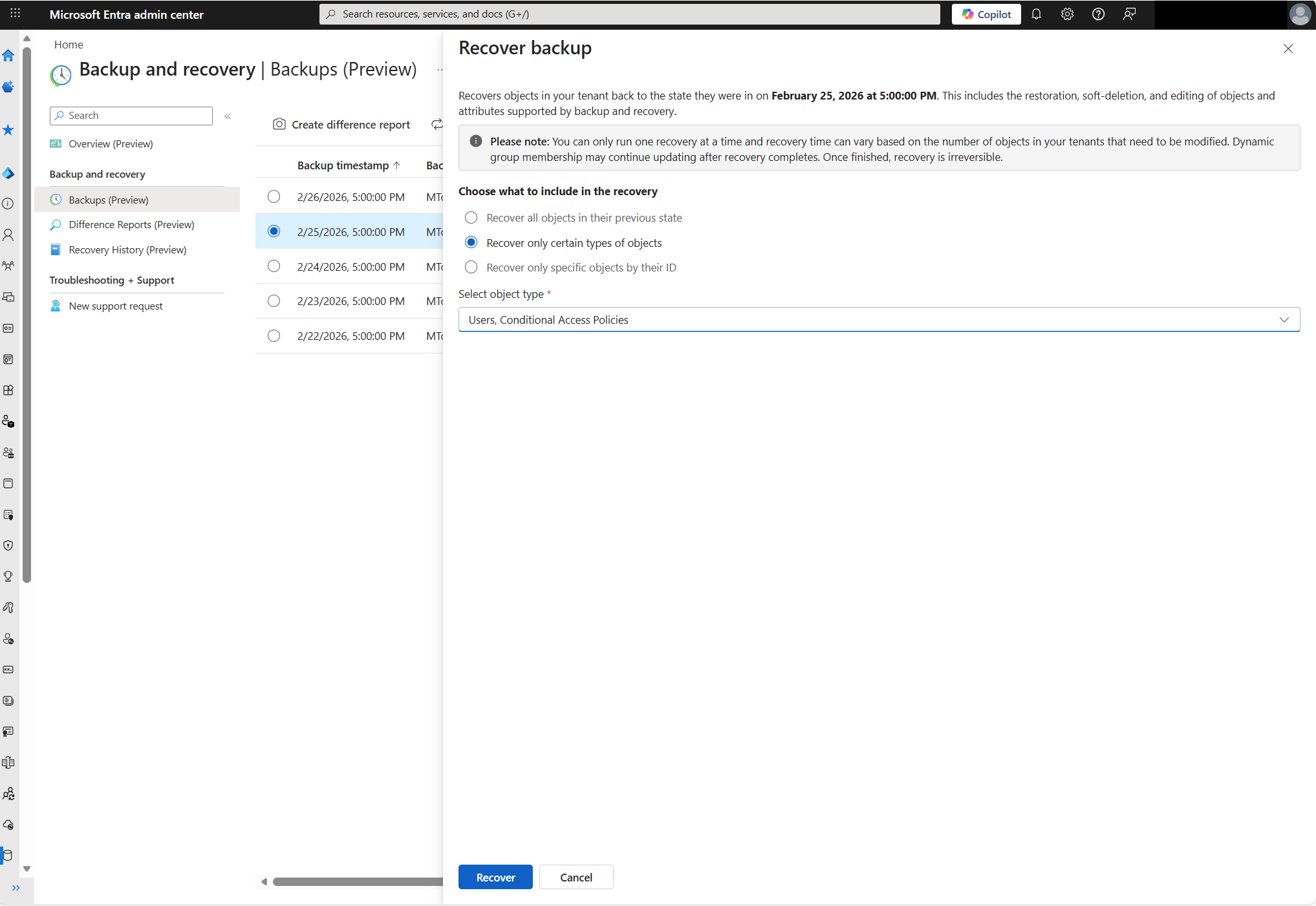 Captura de tela da janela de diálogo Restaurar backup com Restaurar somente certos tipos de objetos selecionados e opções de tipos exibidas.