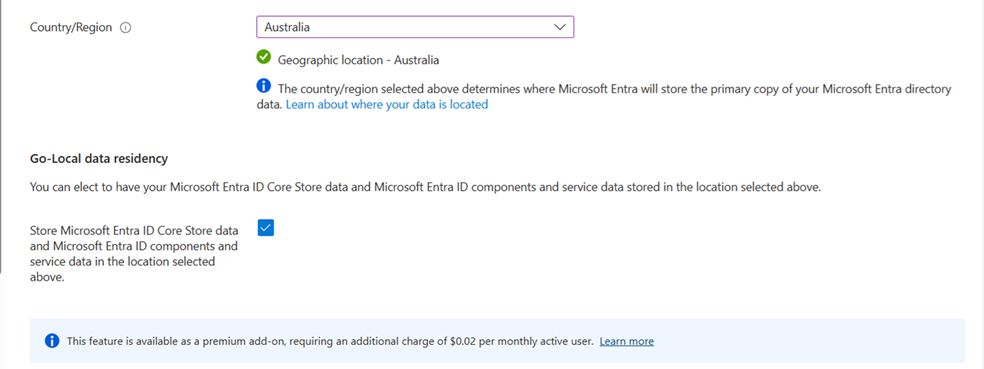 Captura de tela da guia Noções básicas e da opção de residência de dados Go-Local.