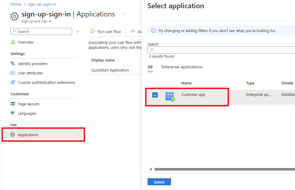 Captura de tela mostrando a seleção de um aplicativo para o fluxo do usuário.