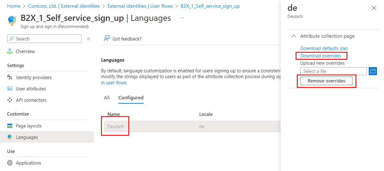 Captura de tela de remoção ou download do arquivo json de personalização de idioma padrão.
