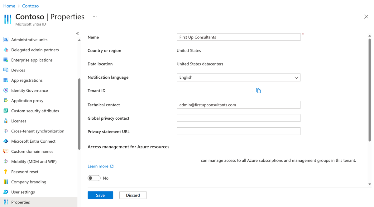 Captura de tela do Microsoft Entra ID - Propriedades - ID do locatário - campo ID do locatário.
