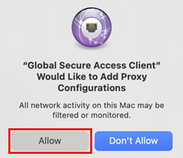 Captura de tela do pop-up O cliente de Acesso Global Seguro gostaria de adicionar configurações de proxy com o botão Permitir destacado.