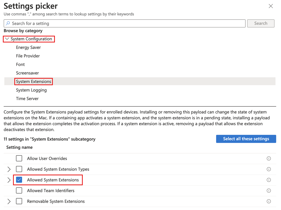 Captura de tela do seletor de Configurações com as seleções de categoria e subcategoria realçadas.