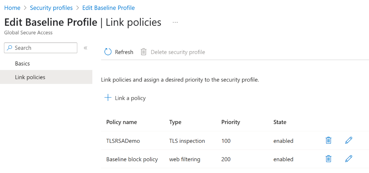 Captura de tela da tela de edição do perfil de linha de base mostrando uma lista de nomes de políticas e suas prioridades.