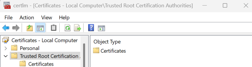 Captura de tela da pasta Autoridades de Certificação Raiz Confiáveis.