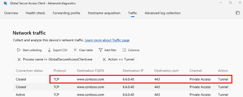 Captura de tela do Acesso Seguro Global – Diagnóstico Avançado – Tráfego de rede.