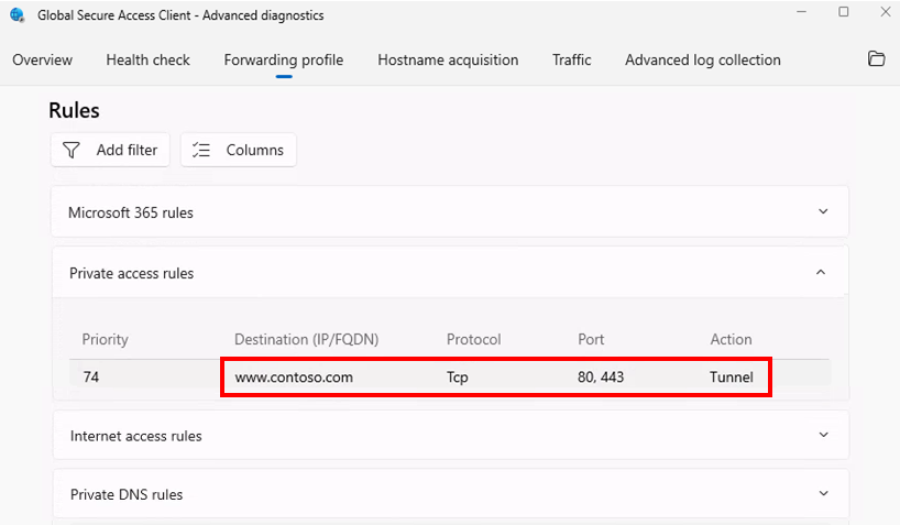  Captura de tela do Acesso Seguro Global – Diagnóstico Avançado – Regras.