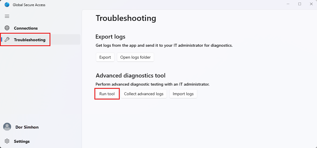 Captura de tela da exibição Solução de problemas da interface do cliente Global Secure Access com o botão Executar ferramenta destacado.