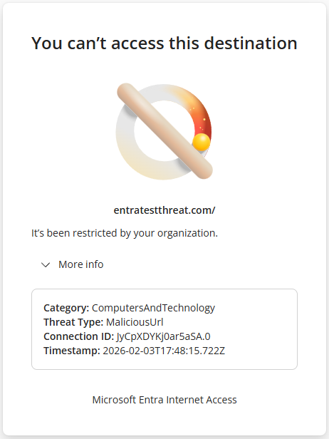 Captura de tela que mostra a página de bloqueio da inteligência de ameaças, indicando o tipo de ameaça como MaliciousUrl.