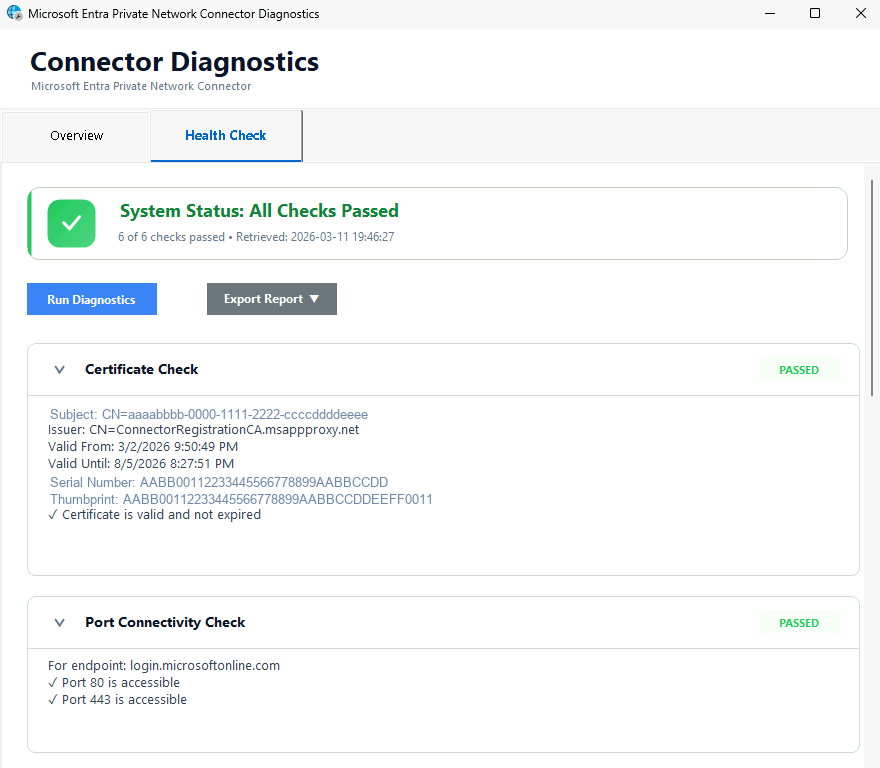 Captura de tela que mostra os resultados da verificação de integridade do conector com conectividade bem-sucedida.