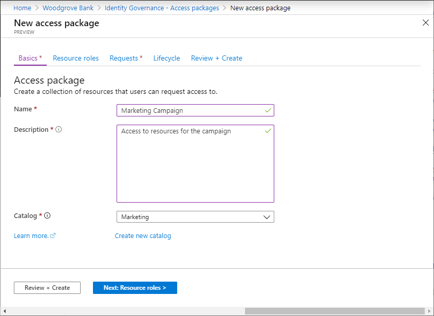 Screenshot that shows basic information for a new access package.