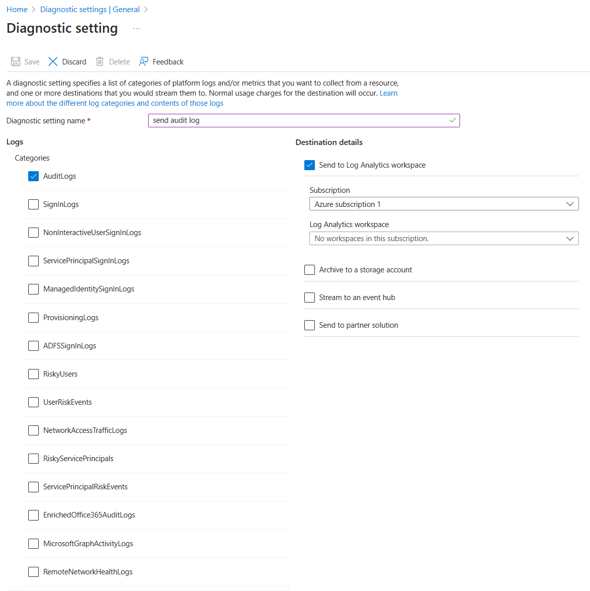 Diagnostics settings pane