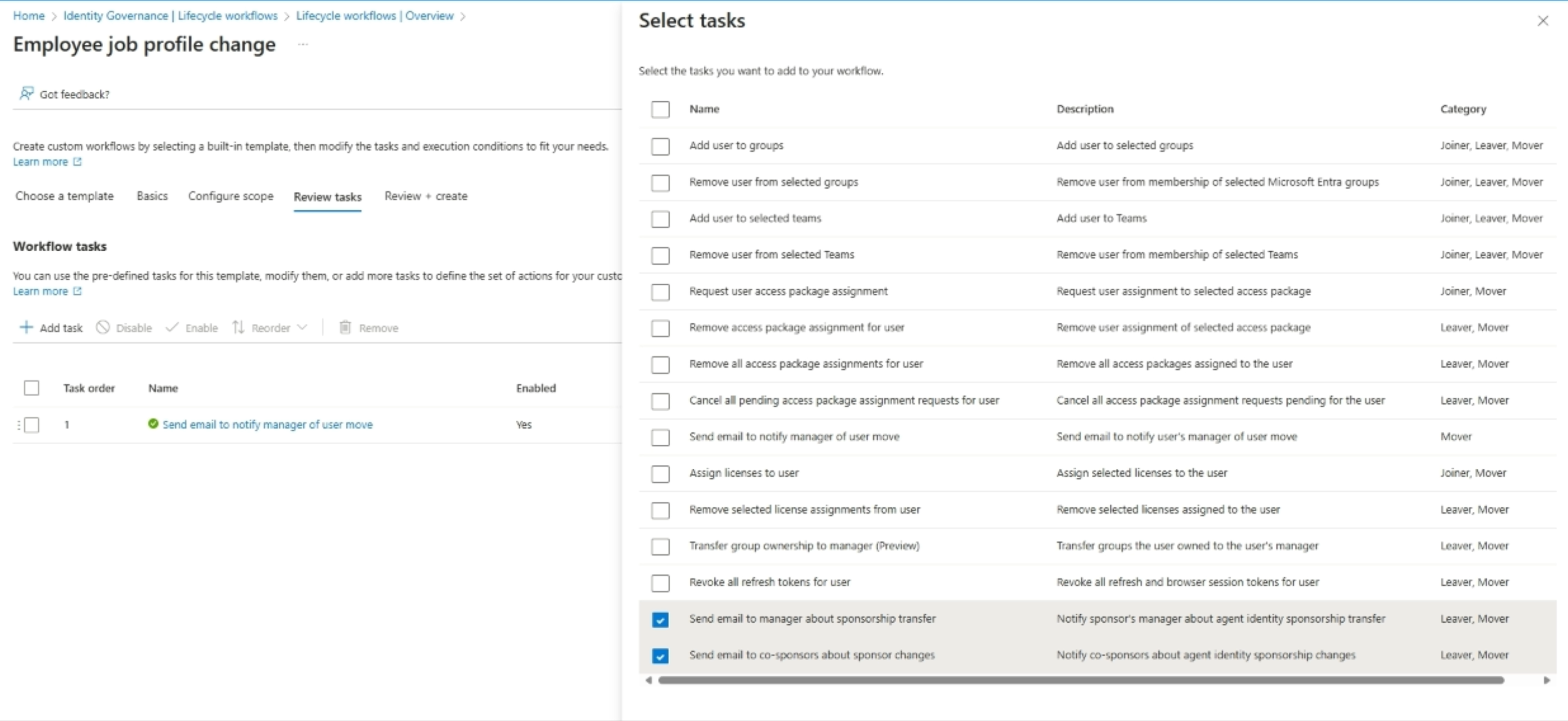 Captura de tela das tarefas de fluxo de trabalho do patrocinador.