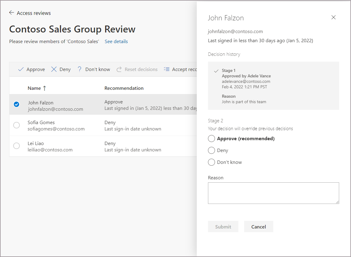 Captura de tela mostrando a seleção de um usuário para mostrar os resultados de revisão de acesso de vários estágios.