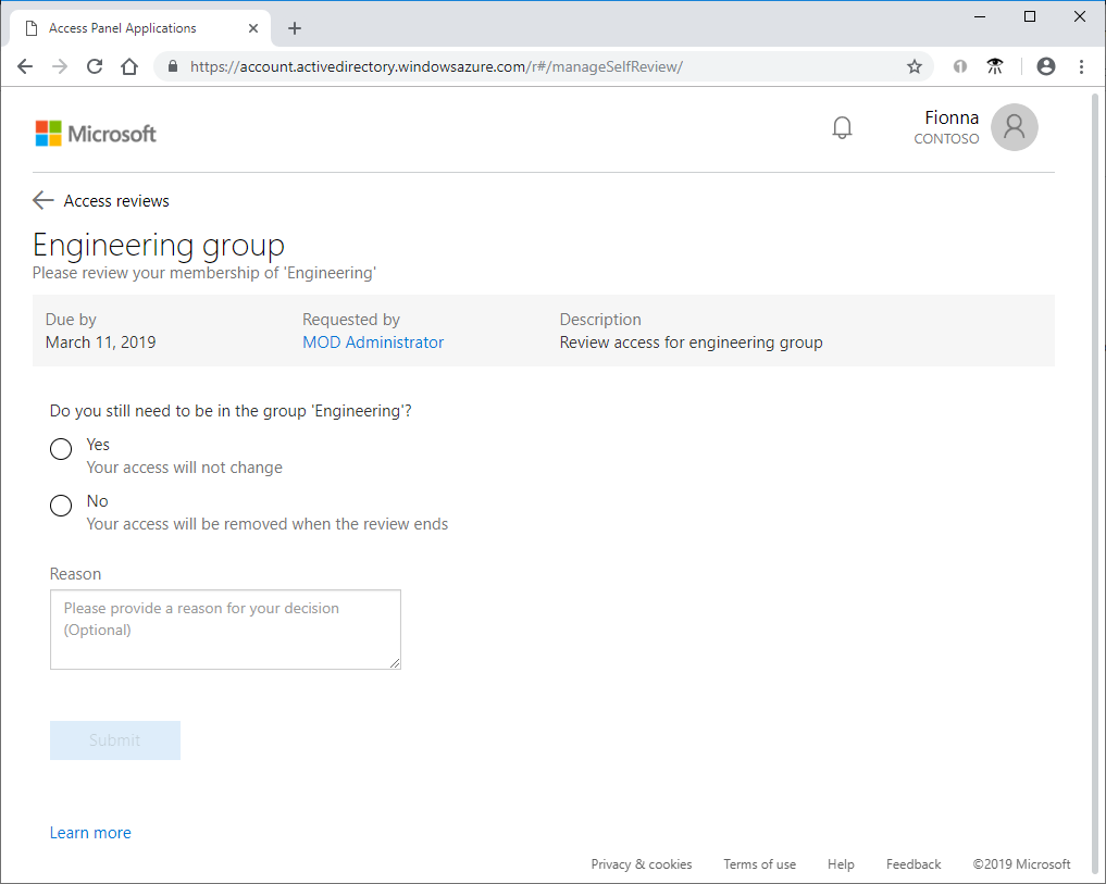 Captura de tela que mostra uma revisão de acesso aberta que pergunta se você ainda precisa de acesso a um grupo.