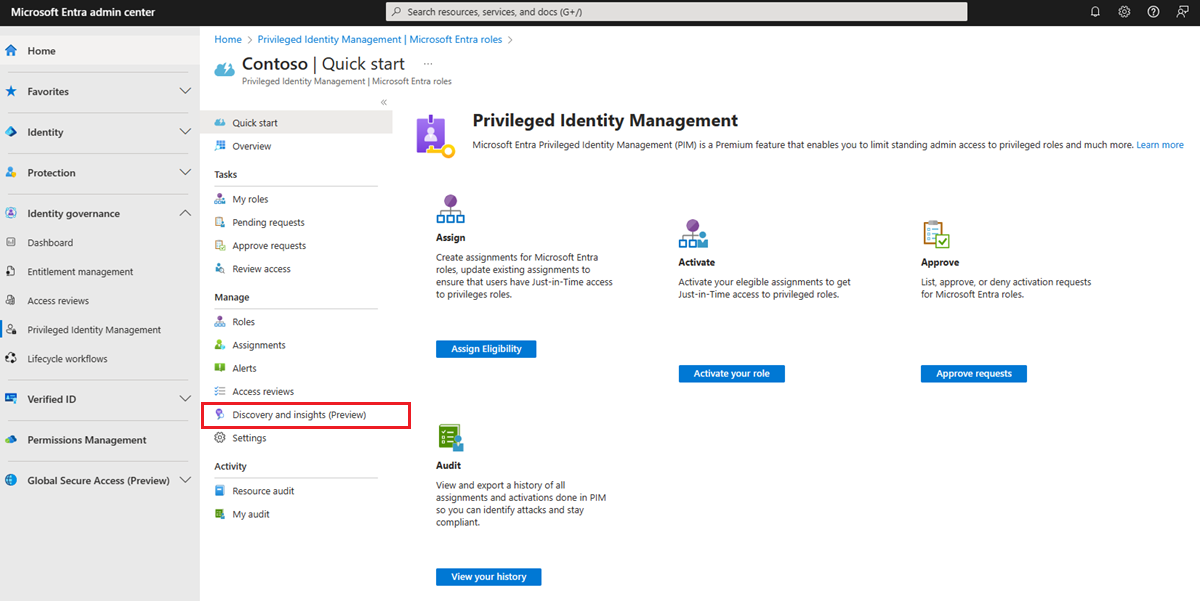 Microsoft Entra roles - Discovery and insights page showing the 3 options